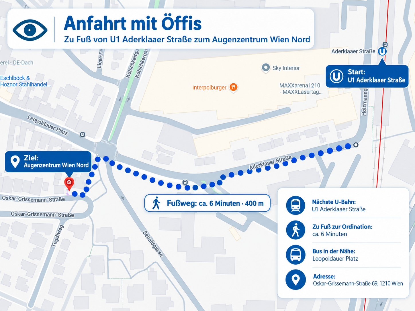 Fußweg von U1 Aderklaaer Straße zum Augenzentrum Wien Nord